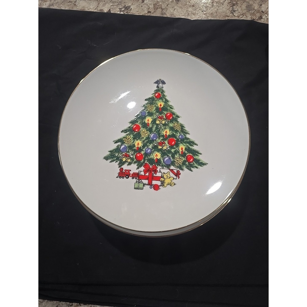 Jamestown China Christmas Tree Themed Gold Rim Dinner Plate Set of 7